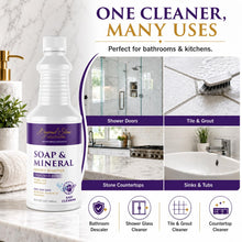 Load image into Gallery viewer, Soap &amp; Mineral Deposit Remover used on marble, tile, glass and shower surfaces — one cleaner, many uses