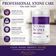 Load image into Gallery viewer, Beyond Stone Solutions Stone Wipes 70-count tub — professional stone care, made in USA, family-owned stone care specialists
