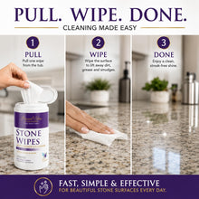Load image into Gallery viewer, Pull, wipe, done — easy three-step daily cleaning with Stone Wipes on a granite countertop