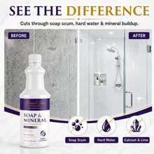 Load image into Gallery viewer, Before and after: soap scum and hard water buildup removed from a glass shower door