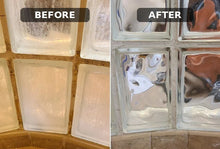 Load image into Gallery viewer, Glass block shower wall before and after cleaning with Soap and Mineral Deposit Remover