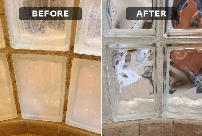 Glass block shower wall before and after cleaning with Soap and Mineral Deposit Remover