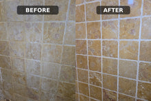 Load image into Gallery viewer, Shower wall with heavy mineral film before and after cleaning with Soap and Mineral Deposit Remover