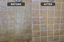 Load image into Gallery viewer, Shower wall haze before and after cleaning with Soap and Mineral Deposit Remover