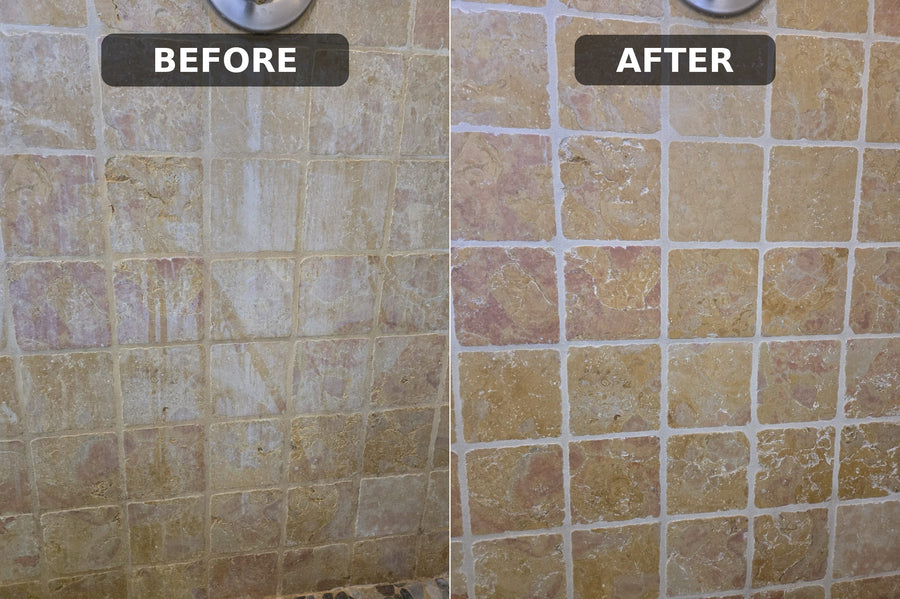 Shower wall haze before and after cleaning with Soap and Mineral Deposit Remover