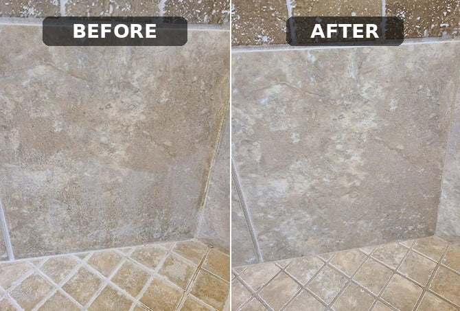 Shower wall with soap scum before and after cleaning with the Shower and Hard-Water Kit