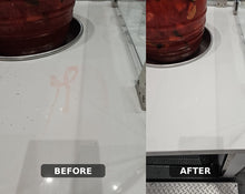 Load image into Gallery viewer, Juice stain by a drink dispenser on a quartz countertop before and after cleaning