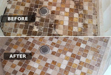 Load image into Gallery viewer, Travertine shower pan before and after cleaning with the Shower and Hard-Water Kit